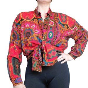 Vtg 80s 90s Colorful Abstract Paisley Blouse M/L Rayon Boho Button Up‎ Red